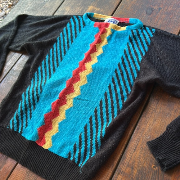 Vintage Black Sweater with turquoise blue geometric pattern design by Skiva Int. - Picture 2 of 6